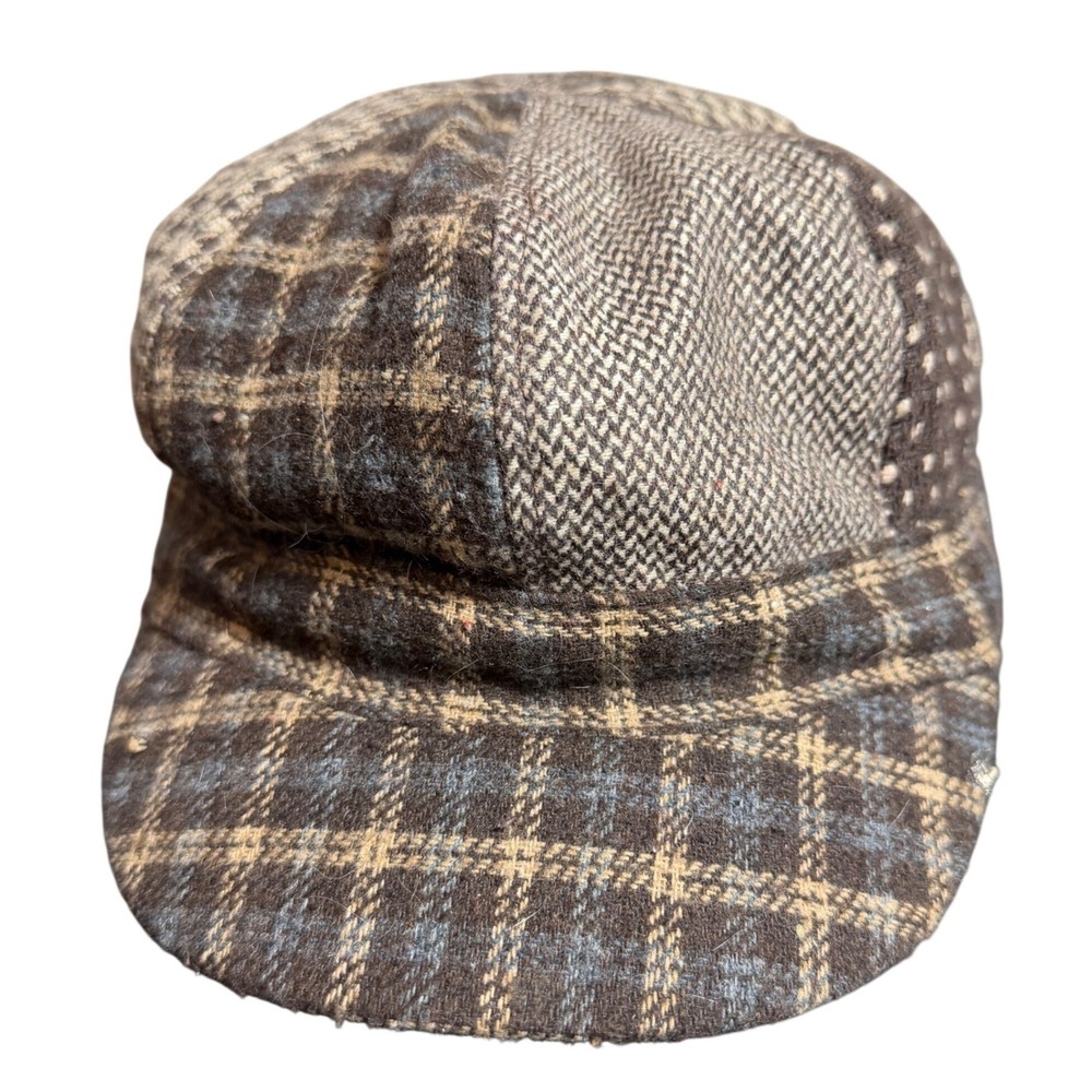 Vintage Patchwork Newsboy Cap Brown Plaid Herringbone Wool Blend Hat One Size